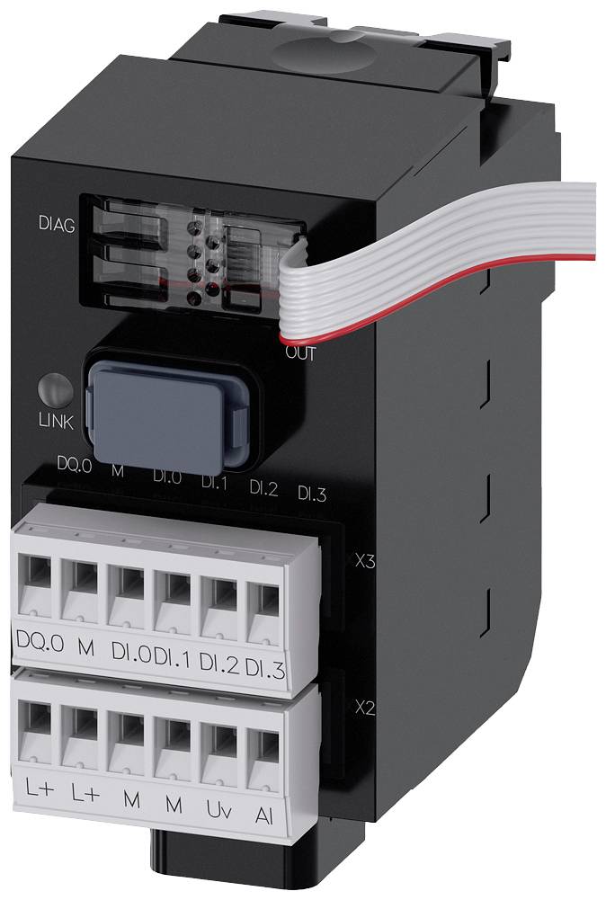 Ein schwarzes elektrisches Modul mit mehreren Anschlüssen und einem Flachbandkabel. Es hat Beschriftungen 