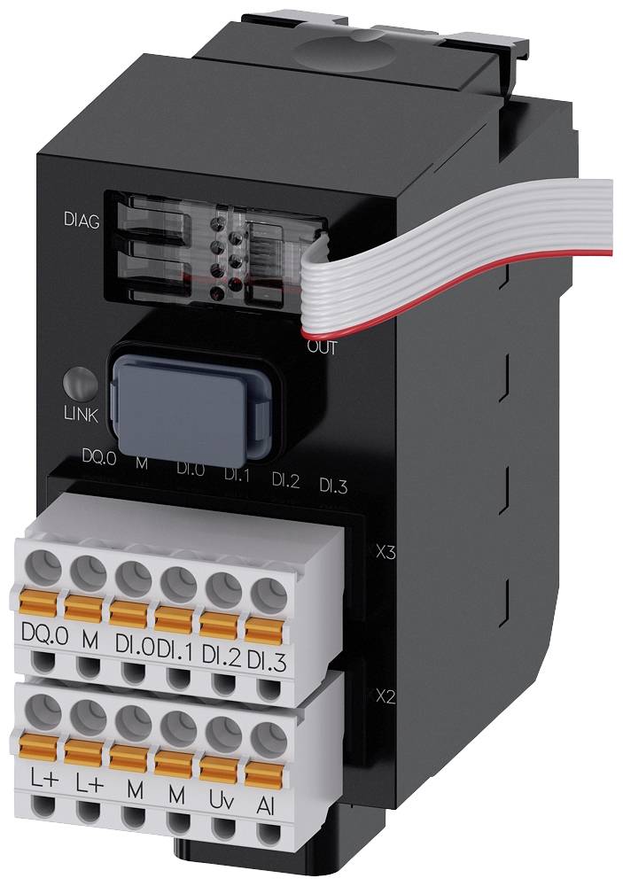 Ein schwarzes Modul mit mehreren Anschlussklemmen und einem Flachbandkabel. Es hat Beschriftungen wie 'DIAG' und 'LINK' und Steckverbindungen X1 bis X3.