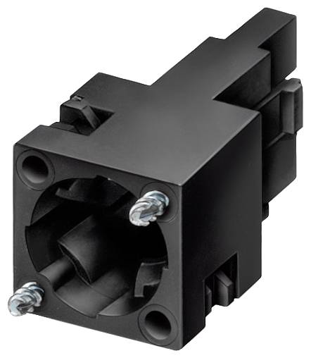 Ein schwarzer, rechteckiger Steckverbinder mit zwei Metallkontakten und Kunststoffgehäuse.