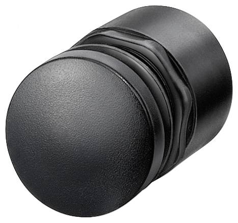 Ein schwarzer, zylindrischer Gummipuffer mit flacher Oberseite und geriffelten Seiten, vermutlich zur Dämpfung von Stößen oder Schwingungen.