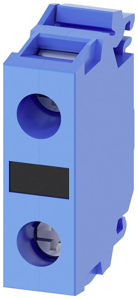 Blauer, rechteckiger elektrischer Steckverbinder mit zwei runden Anschlüssen.