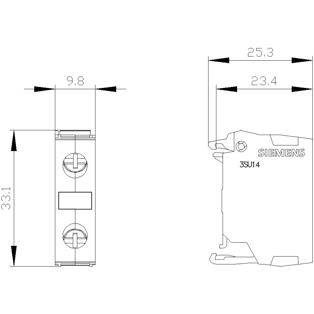 Technische Zeichnung eines Siemens-Schalters, Modell '3SU14'. Maße sind 33,1 mm x 9,8 mm x 25,3 mm. Vorderansicht und Seitenansicht dargestellt.