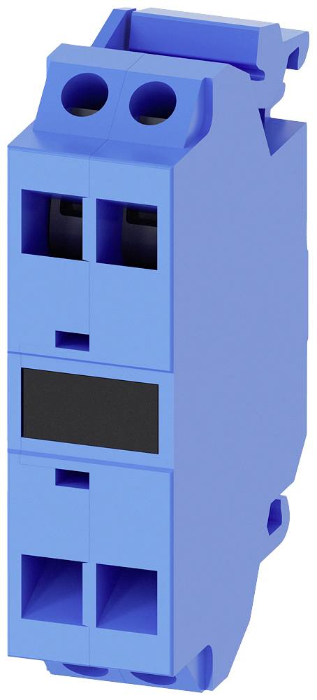 Ein blaues Elektromodul mit mehreren Steckplätzen und einem schwarzen Einsatz vorne; dient der elektrischen Verbindung und Installation.