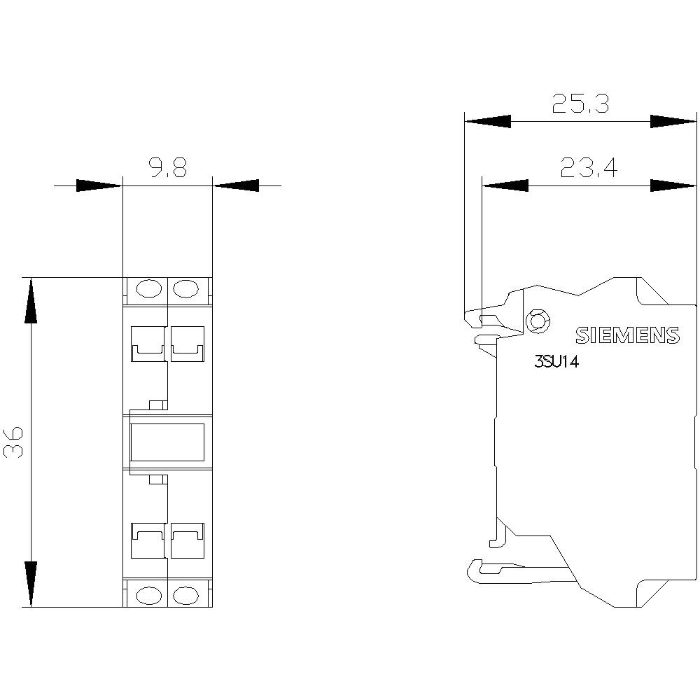 Abbildung eines Siemens 3SU14-Tasters, seitlich gezeigt, mit Maßen: Höhe 36 mm, Tiefe 23,4 mm. Ideal für Schalttafeleinbau.