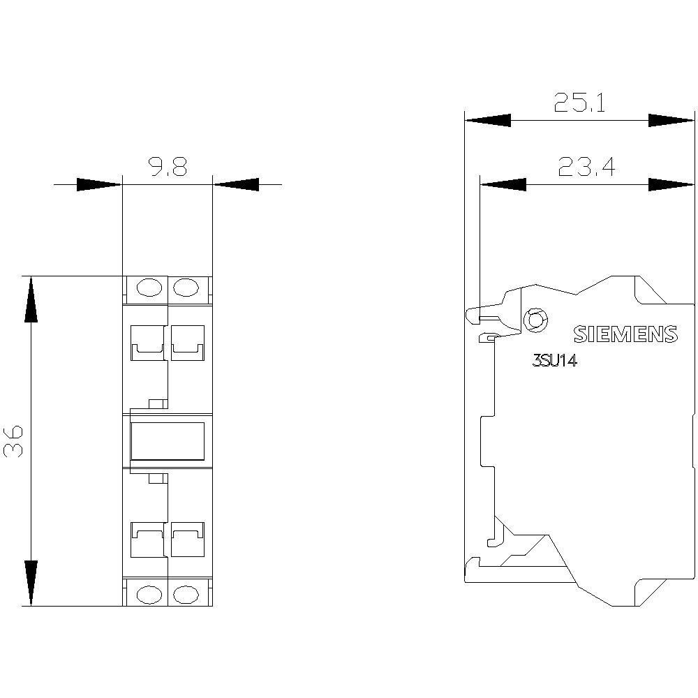 Technische Zeichnung eines Siemens Schalters 3SU14, Maße: 9,8 mm Breite, 36 mm Höhe, 23,4 mm Tiefe.