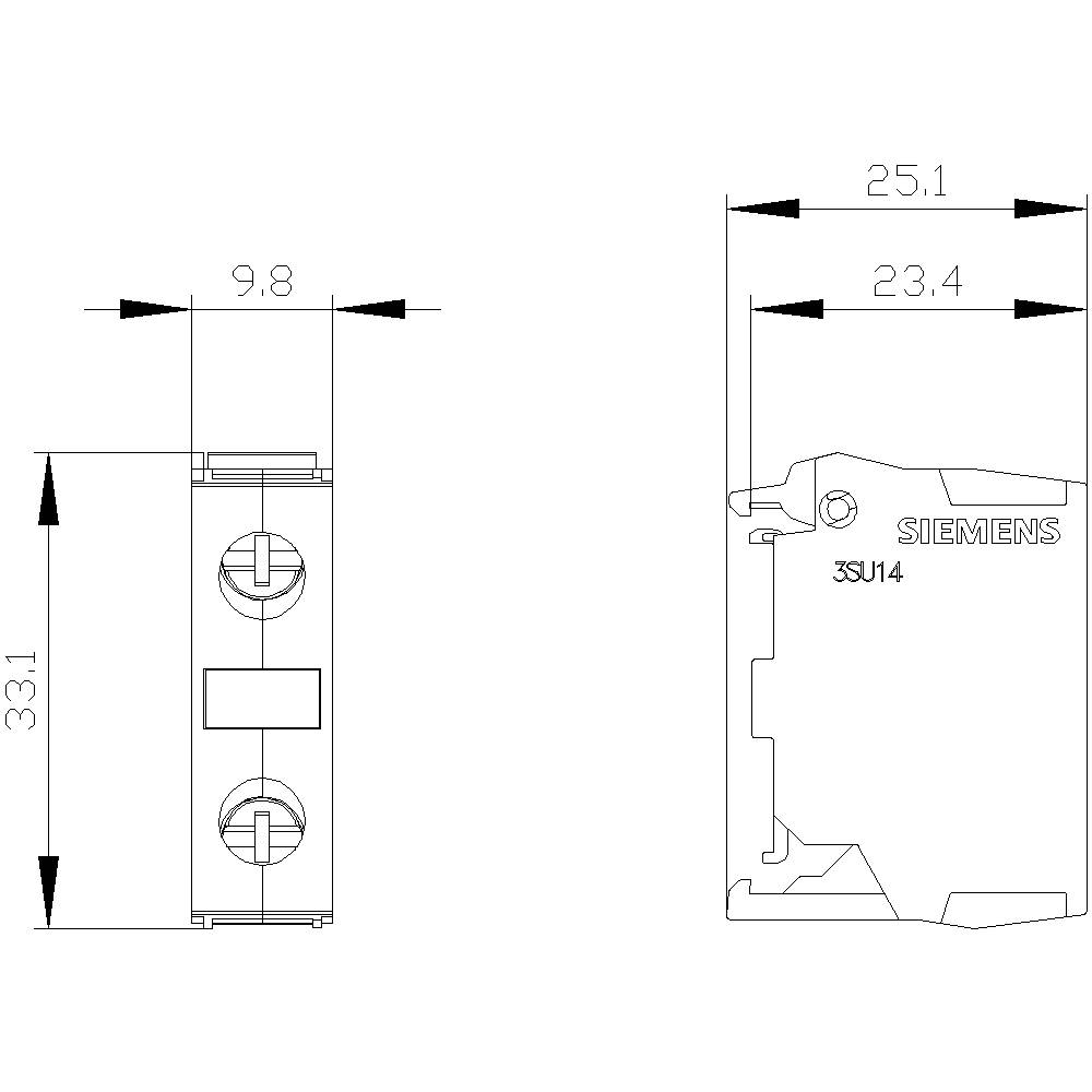 Technische Zeichnung eines Siemens-Bauteils mit Abmessungen: Breite 9,8 mm, Höhe 33,1 mm, Tiefe 25,1 mm, Seitenansicht und Vorderansicht.
