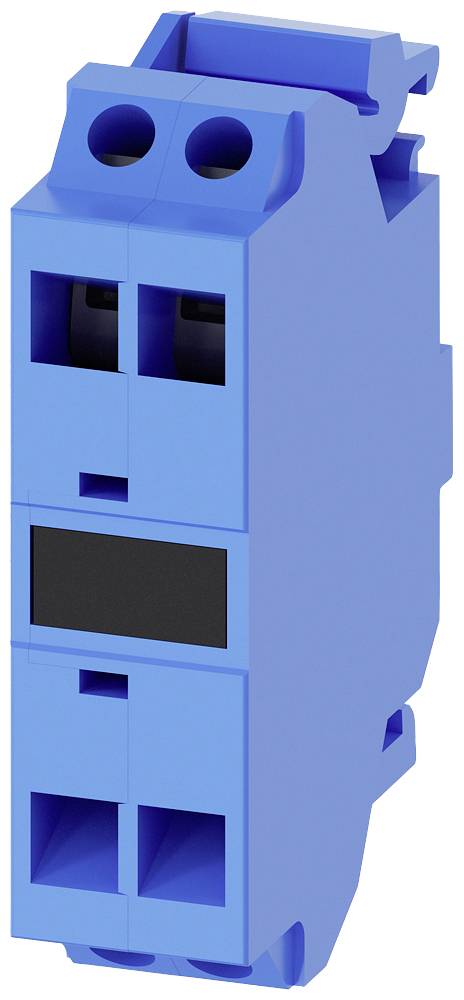 Ein blaues elektrisches Anschlussklemmen-Modul in vertikaler Anordnung. Oben zwei Anschlussöffnungen, unten vier weitere Öffnungen.