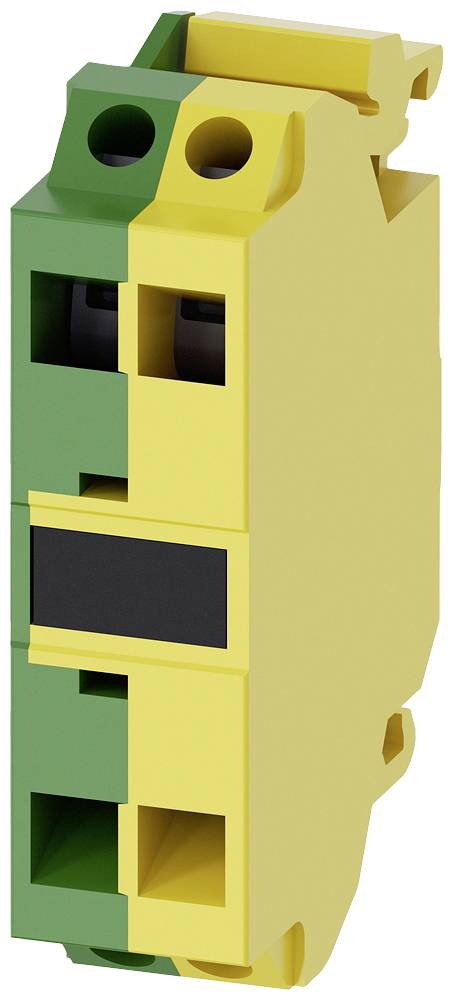 Ein grün-gelber elektrischer Komponentenblock mit mehreren Steckanschlüssen, verwendet in Verteilerkästen zur sicheren Verdrahtung.