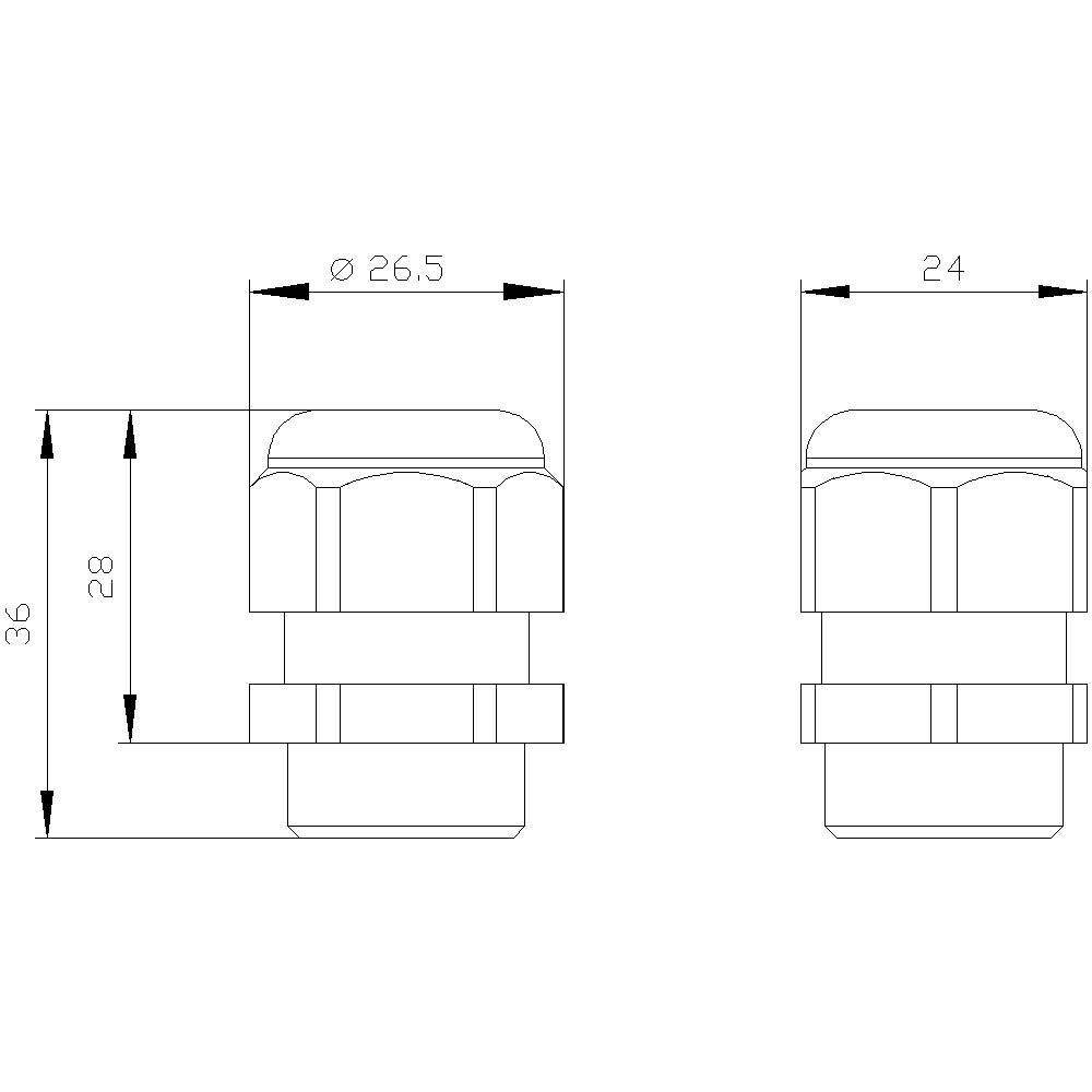 Technische Zeichnung einer Verschraubung mit Maßen: Durchmesser 26,5 mm und 24 mm, Höhe 36 mm und 28 mm.