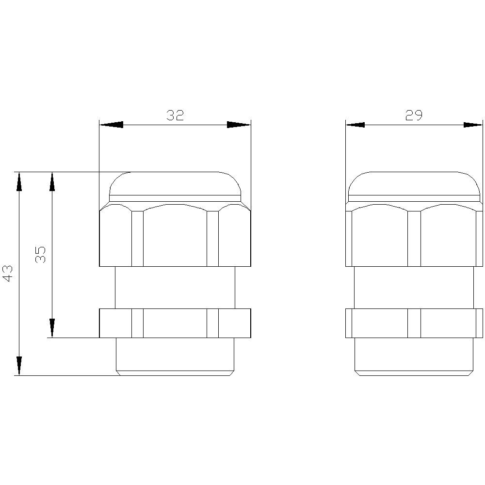 Zwei technische Zeichnungen eines zylindrischen Bauteils mit Gewinde, jeweils mit Höhen- und Breitenangaben in Millimetern: 43 x 32 und 29.