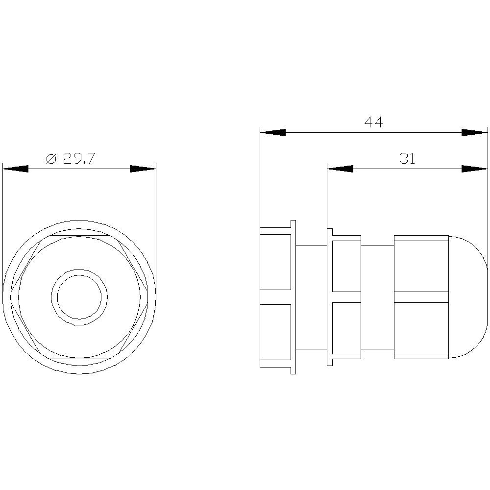 Technische Zeichnung eines zylindrischen Teils. Links: Durchmesser 29,7. Rechts: Länge 44, Unterteilung bei 31.