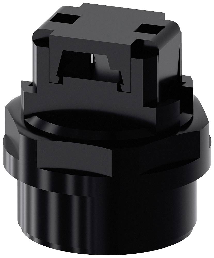 Ein schwarzer Kunststoffstecker mit quadratischem Kopf und runden Basis, geeignet für Elektronik- oder Automobilanwendungen.