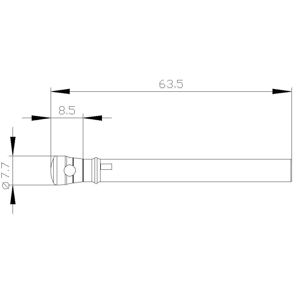 Ein technisches Diagramm zeigt die seitliche Ansicht einer Stange mit Maßen: Länge 63,5 mm, ein Teilabschnitt von 8,5 mm, Durchmesser 7,7 mm.