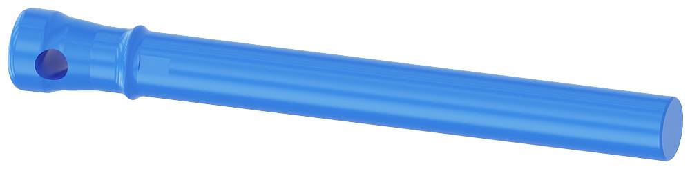 Ein langer, blauer Plastikstab mit einem Loch nahe dem einen Ende, möglicherweise ein Teil eines größeren Geräts oder Systems.