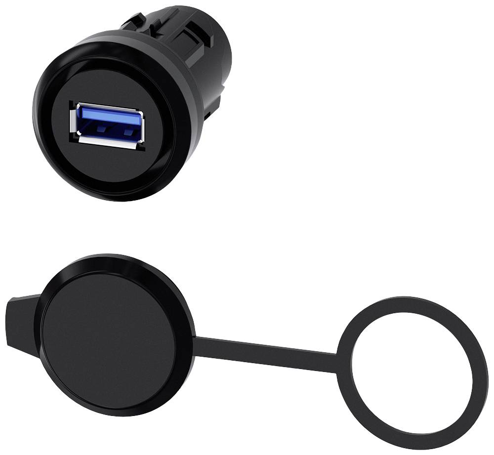 Einbau-USB-Buchse mit schwarzer Schutzabdeckung. USB-Anschluss für Datenübertragung oder Laden, Abdeckung zum Schutz vor Staub.