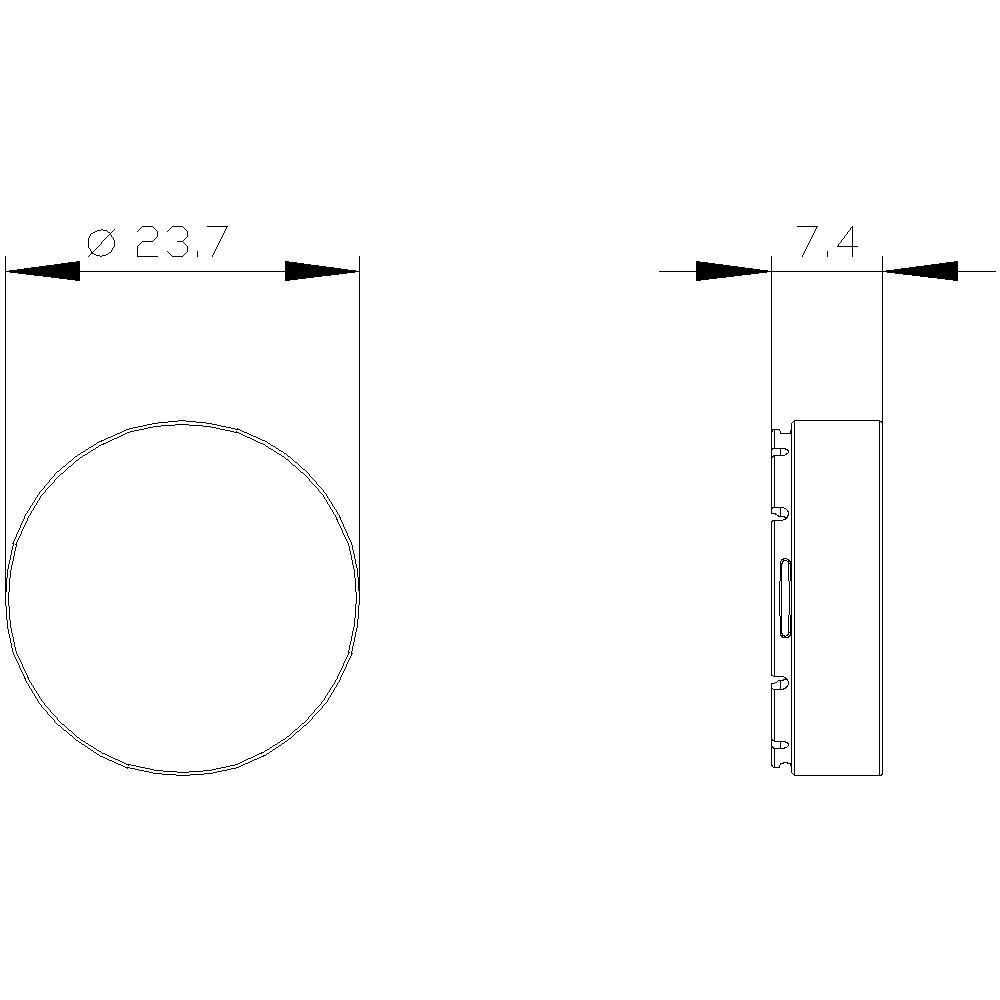 Technische Zeichnung eines runden Objekts mit einem Durchmesser von 23,7 mm und einer Dicke von 7,4 mm, Seiten- und Draufsicht.