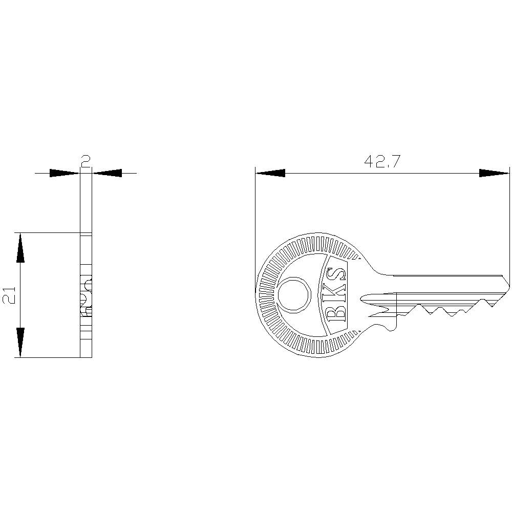 Technische Zeichnung eines Schlüssels mit Bemaßungen: Länge 42,7 mm, Höhe 21 mm, Breite 2 mm. Text 'BKS' auf Schlüssel.