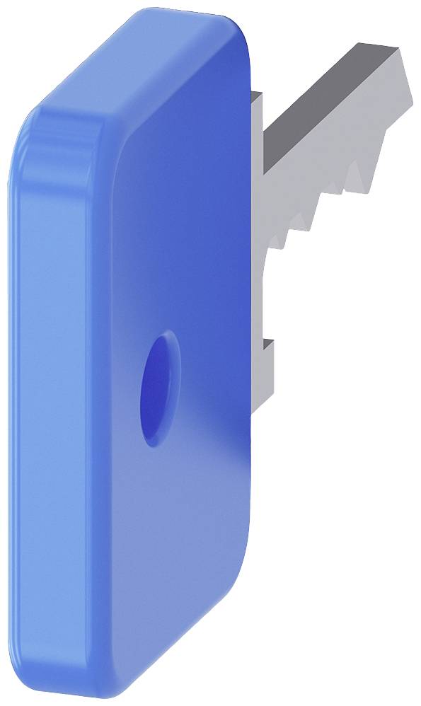 Ein blauer Schlüssel mit einem rechteckigen Kopf und einem gezackten Bart.