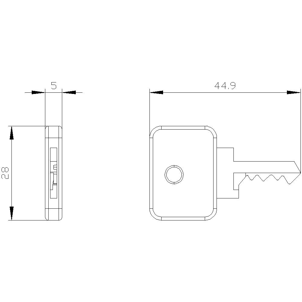 Illustration eines Schlüssels: Seitenansicht und Draufsicht mit den Maßen 28mm Höhe, 5mm Breite und 44,9mm Länge.