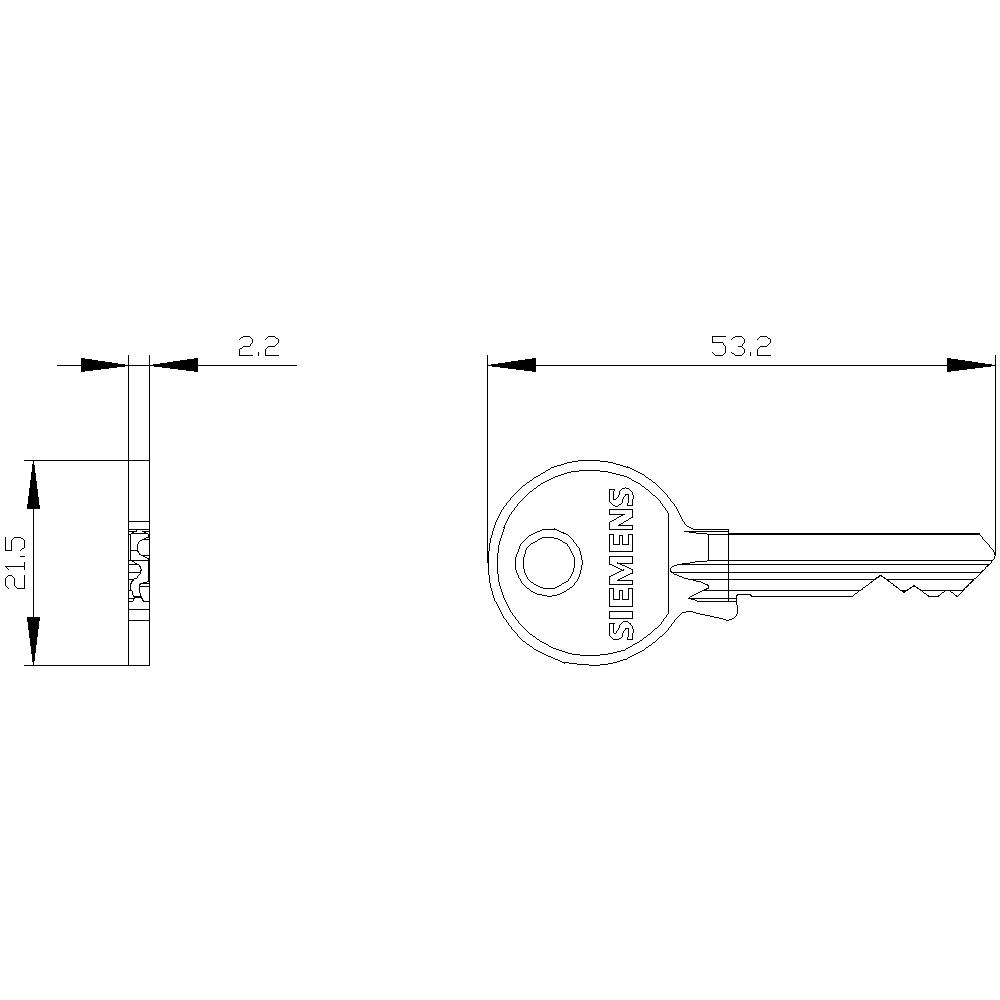 Eine maßstabsgetreue Zeichnung eines Schlüssels mit den Abmessungen 53,2 mm Länge, 21,5 mm Höhe und 2,2 mm Dicke.