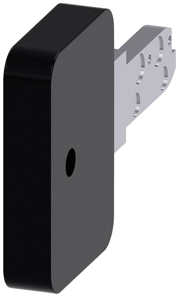 Schwarzes, rechteckiges, Riegel-ähnliches Objekt mit Metallhalterung rechts. Es scheint ein mechanisches Systemteil zu sein.