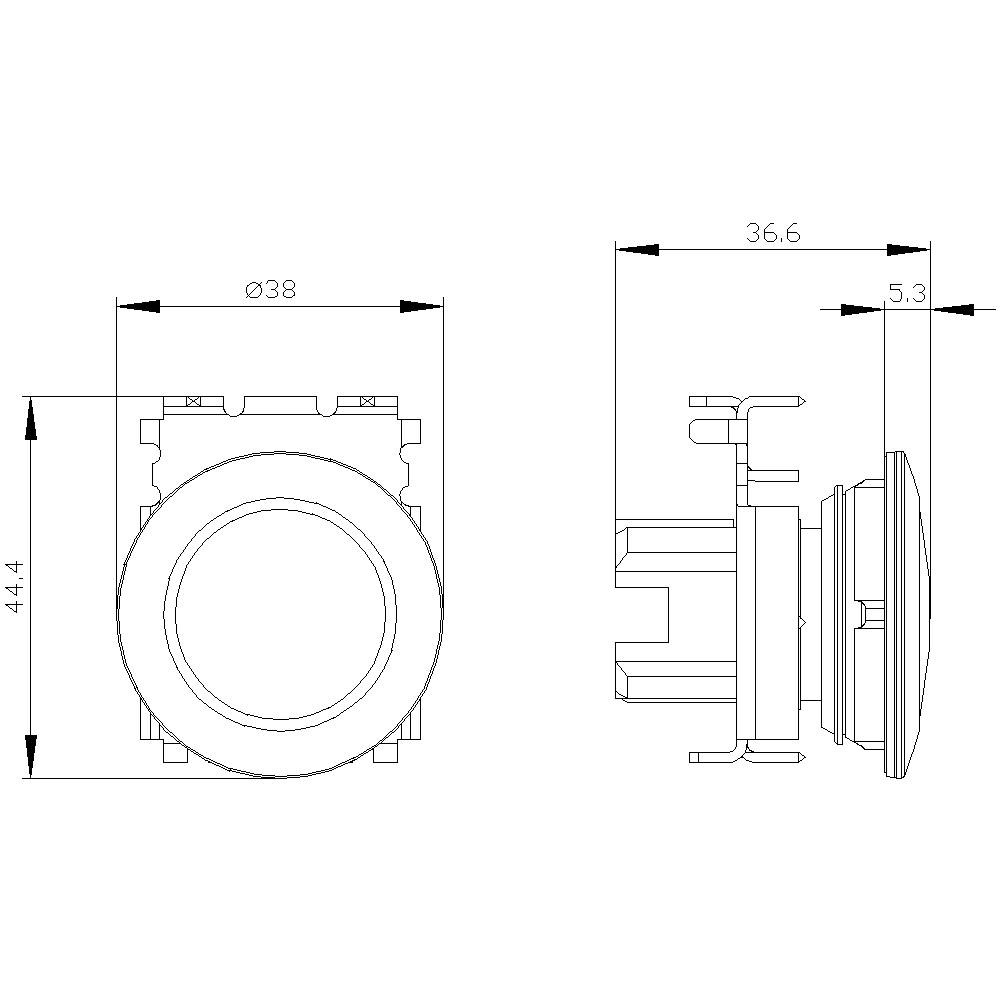 Technische Zeichnung eines runden Knopfschalters mit Maßen: Durchmesser 38 mm, Höhe 44,4 mm, Tiefe 36,6 mm, Frontprofil 5,3 mm.