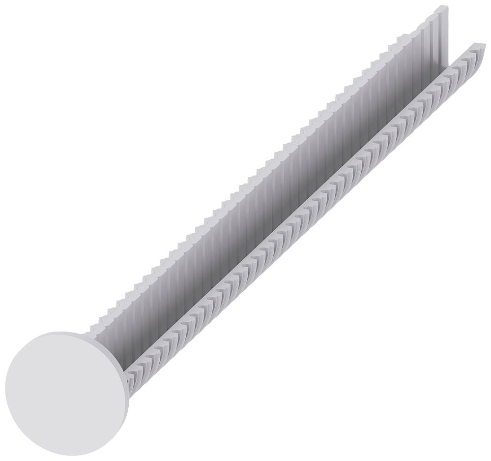 Darstellung eines grauen Metallprofils mit einem U-förmigen Querschnitt und gezackten Kanten, das möglicherweise für Bauzwecke verwendet wird.