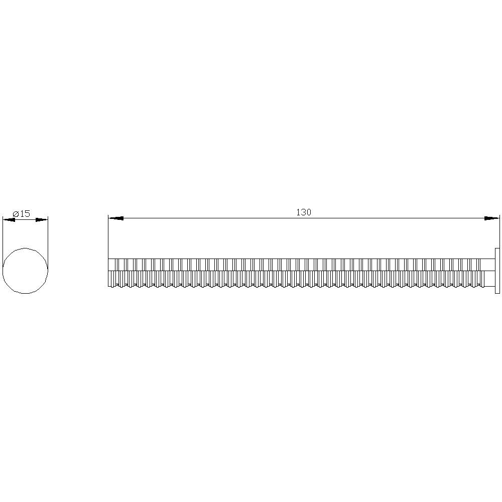 Technische Zeichnung eines zylindrischen Stabs mit Zahnradprofil, Länge 130 mm, Durchmesser 15 mm. Seitenansicht und Querschnitt gezeigt.