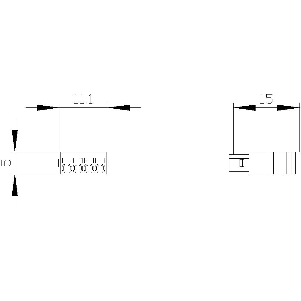 Technische Zeichnung eines rechteckigen Steckers mit zwei Ansichtsperspektiven. Maße: 11,1 mm x 5 mm und 15 mm in der Seitenansicht.