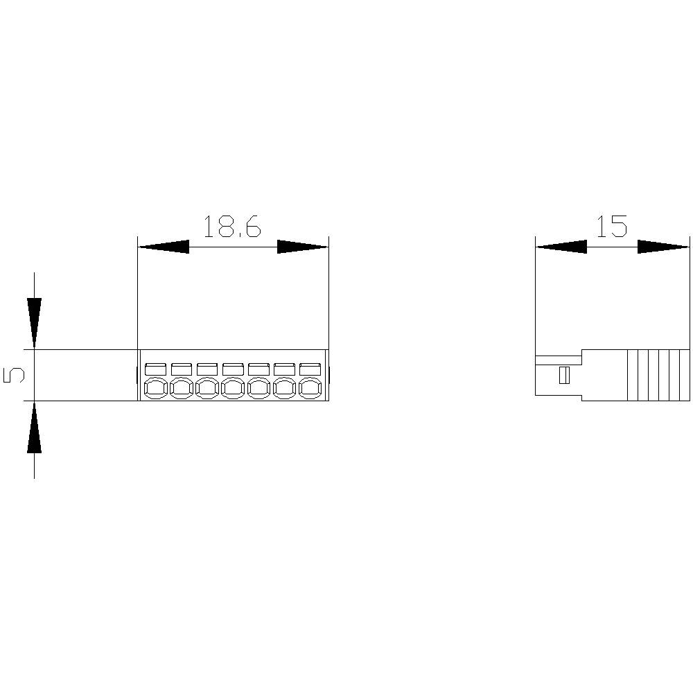 Technische Zeichnung einer 8-poligen Buchse mit Abmessungen: Breite 18,6 mm, Höhe 5 mm, Tiefe 15 mm. Ansicht von oben und von der Seite.