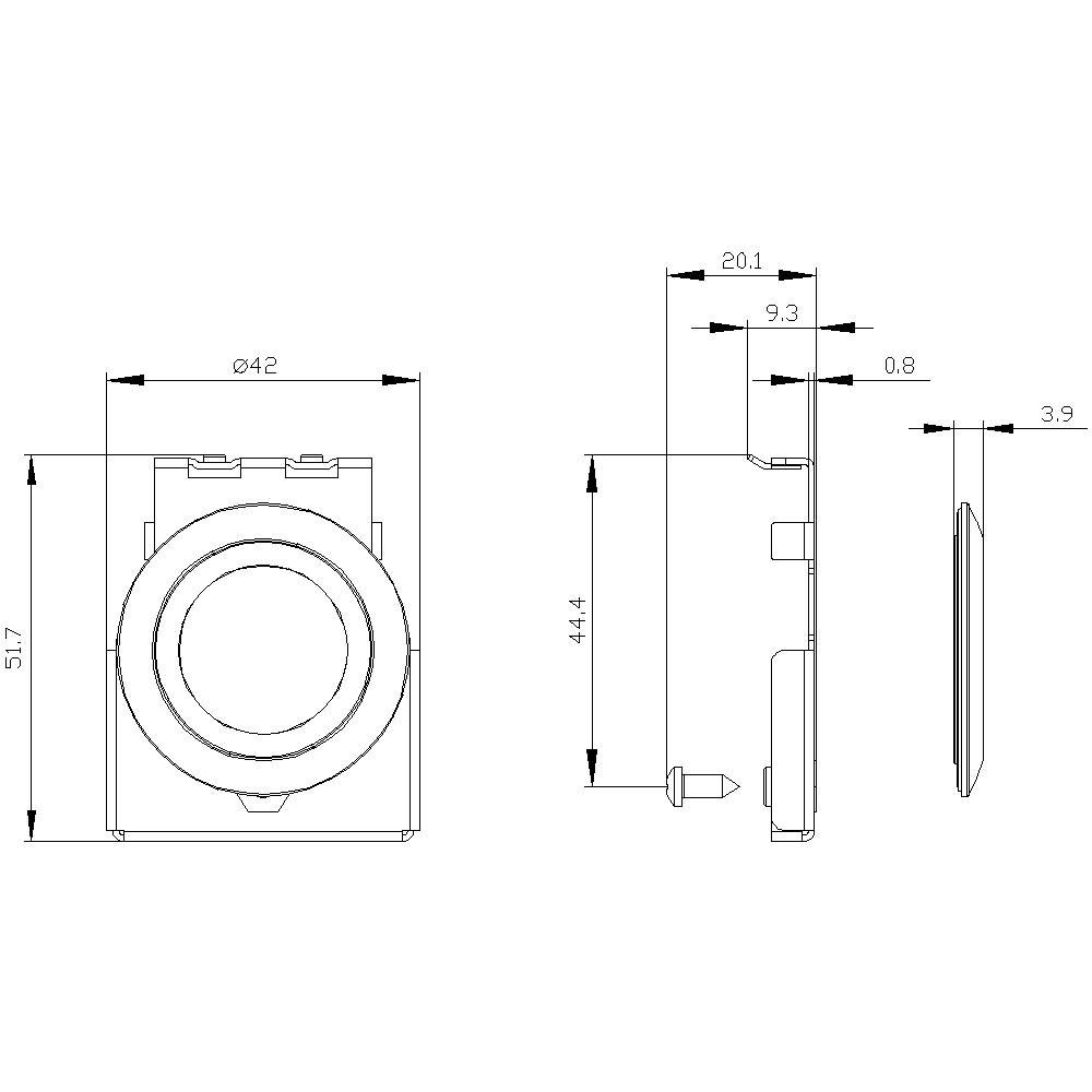 Technische Zeichnung eines Bauteils mit drei Ansichten und Maßen: 51,7 mm Höhe, 42 mm Breite, verschiedene Tiefenmaße.
