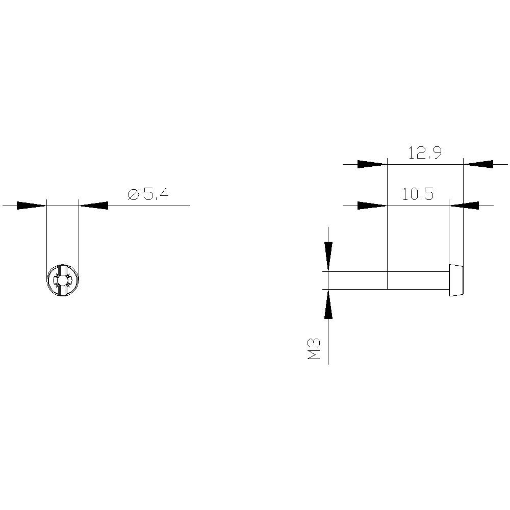 Technische Zeichnung eines Halters mit Maßen: Gewinde M3, Länge 12,9 mm, Breite 10,5 mm, Lochdurchmesser 5,4 mm.
