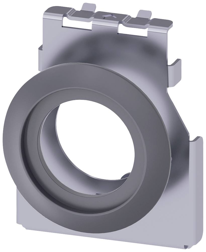 Ein silbernes, metallisches Bauteil mit einem großen runden Loch in der Mitte und kleinen Haken oben, möglicherweise ein mechanischer Teil.