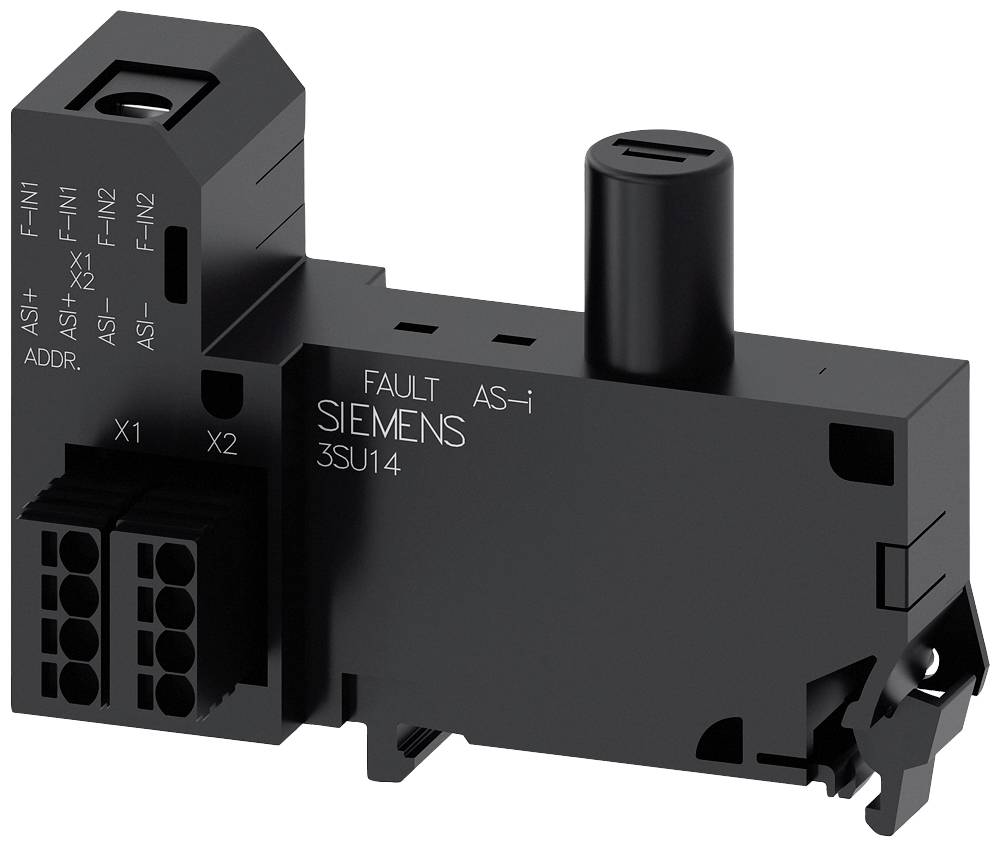 Schwarzer Siemens Schaltgerät mit der Aufschrift 'FAULT AS-i Siemens 3SU14'. Enthält Steckverbindungen X1, X2 und Anschlüsse für AS-i Netzwerke.