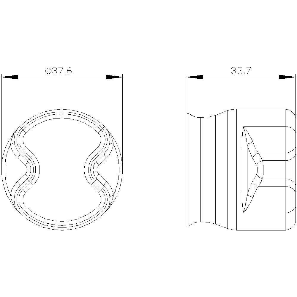 Maßzeichnung eines zylindrischen Objekts mit Querschnittsansicht. Durchmesser 37,6 mm, Länge 33,7 mm. Anzeige zeigt zwei Ansichten.