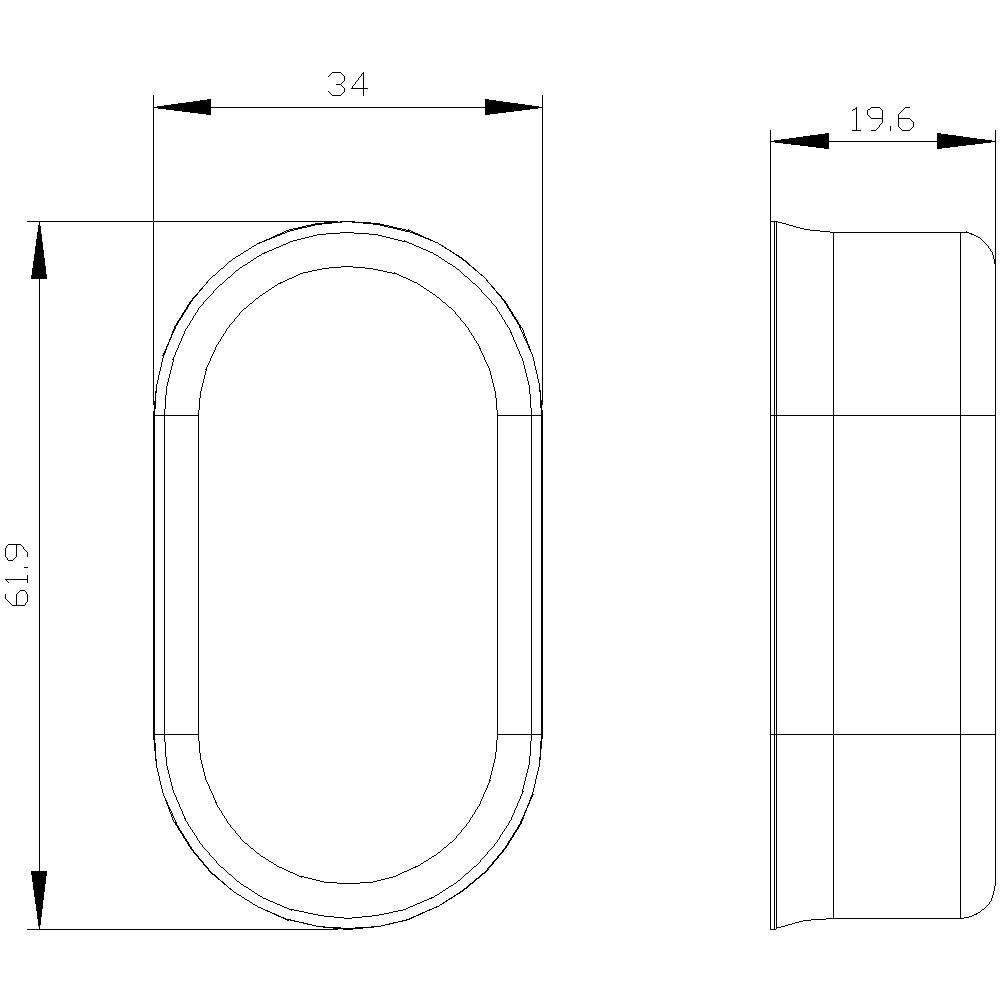 Technische Zeichnung eines ovalen Objekts. Maße: Höhe 61,9 mm, Breite 34 mm, Tiefe 19,6 mm. Draufsicht und Seitenansicht gezeigt.
