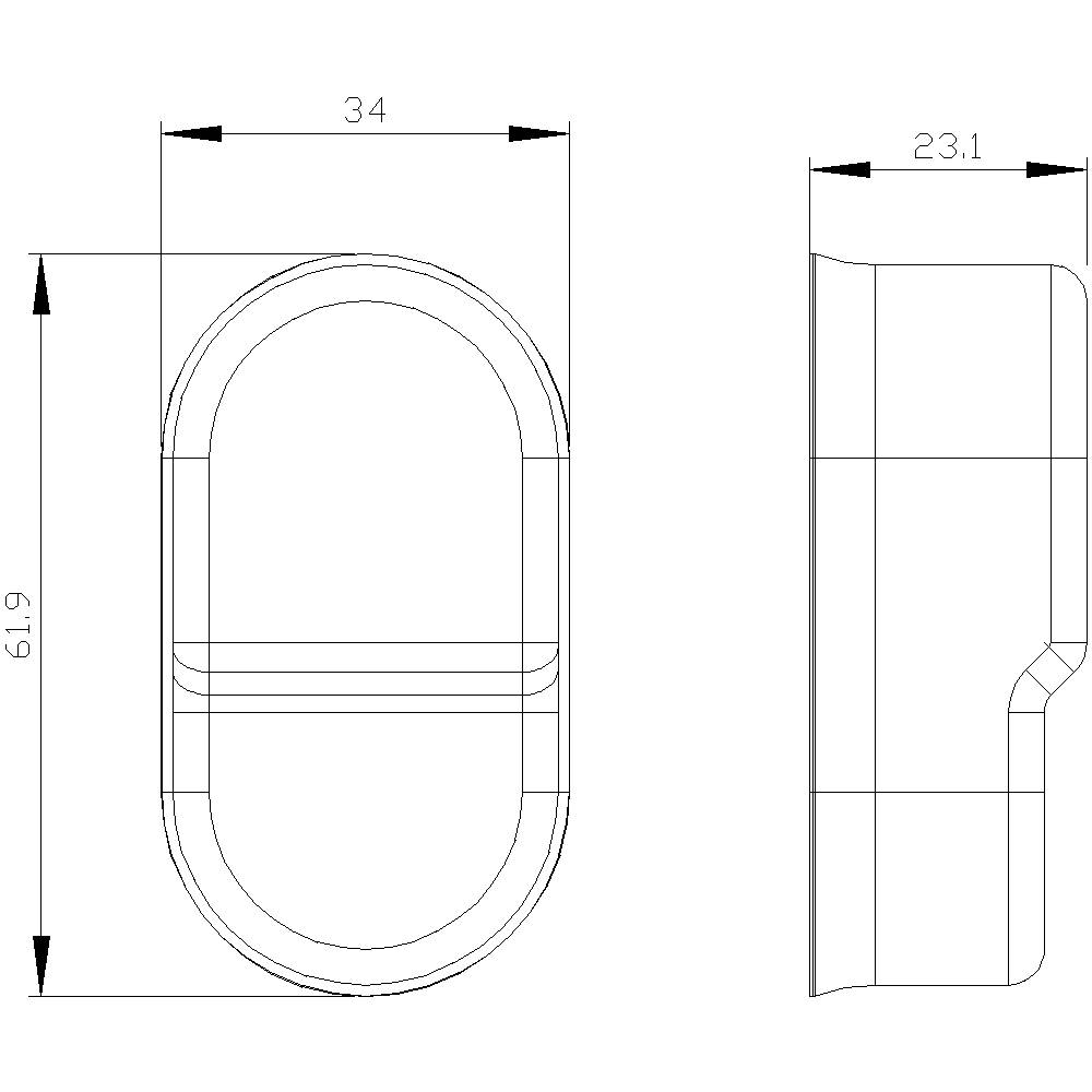 Technische Zeichnung eines ovalen Türgriffs mit Maßen: Höhe 61,9 mm, Breite 34 mm, Seitenansicht mit Tiefe 23,1 mm.