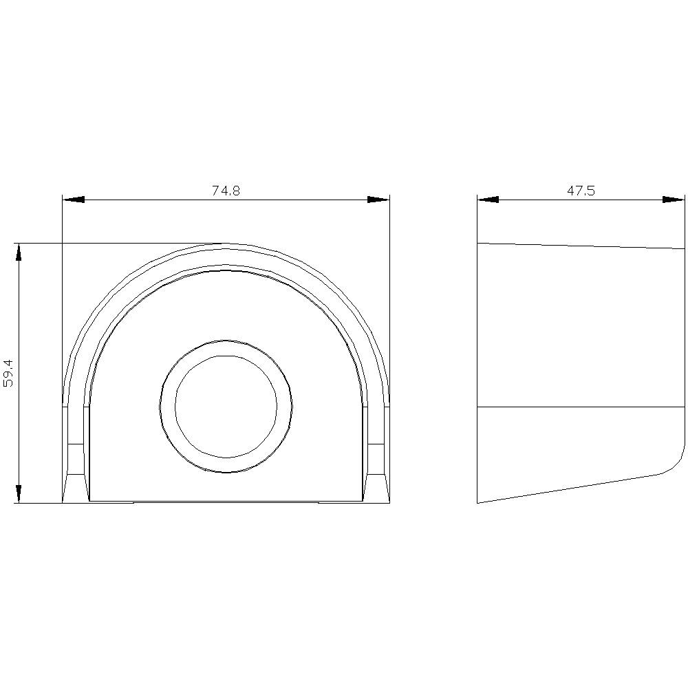 Technische Zeichnung eines zylindrischen Halters. Zwei Ansichten: Vorderansicht mit Maßen 74,8 mm Breite, 59,4 mm Höhe; Seitenansicht zeigt Tiefe von 47,5 mm.