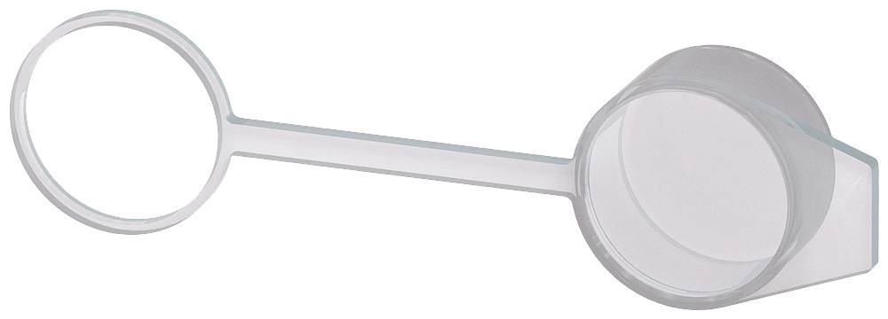 Ein transparenter Kunststoffgriff mit zwei Kreisformen an den Enden, häufig in Verpackungen zur Sicherung von Flaschenverschlüssen verwendet.