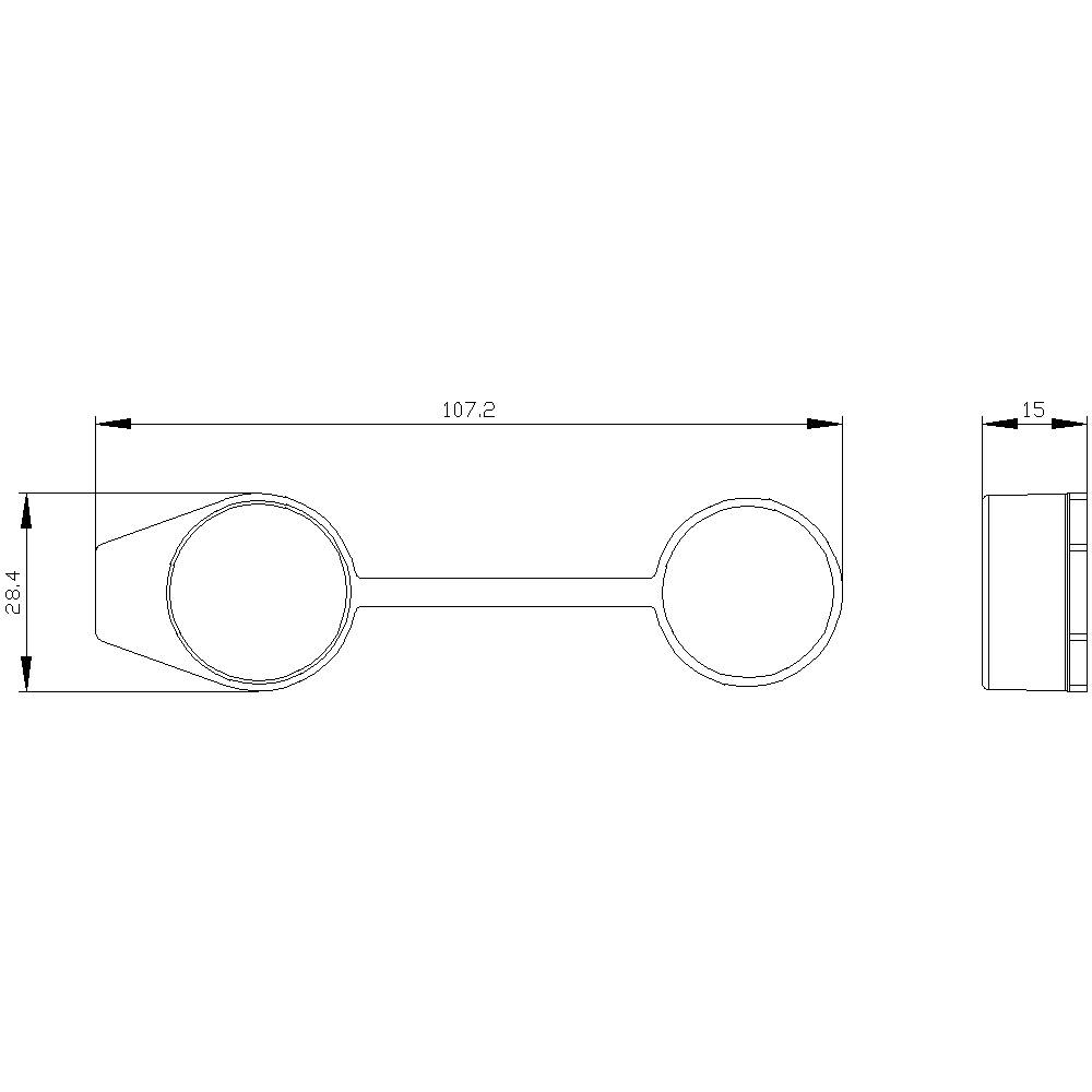 Technische Zeichnung einer Brillenhalterung mit Maßen: Länge 107,2 mm, Höhe 25,4 mm, und Breite 15 mm. Zeigt Seitenansicht und Draufsicht.