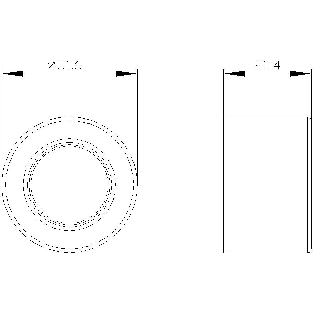 Technische Zeichnung eines zylindrischen Bauteils. Der Durchmesser beträgt 31,6 mm und die Breite 20,4 mm. Draufsicht und Seitenansicht.