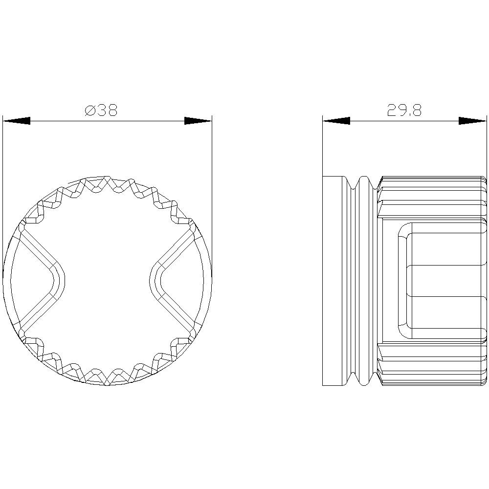 Technische Zeichnung eines zylindrischen Objekts mit geriffelten Kanten; Durchmesser 38 mm, Tiefe 29,8 mm.
