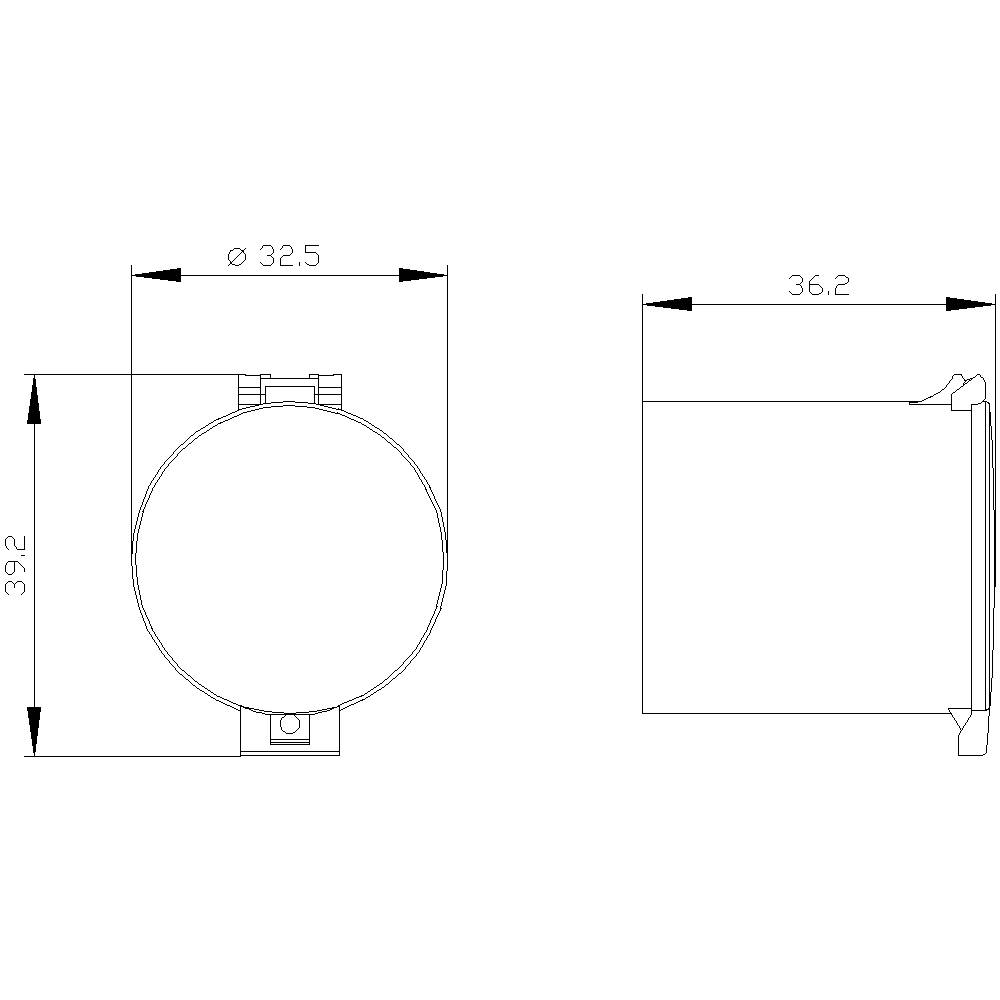 Technische Zeichnung eines zylindrischen Objekts mit den Maßen Durchmesser 32,5 mm und Tiefe 36,2 mm, Höhe 39,2 mm.