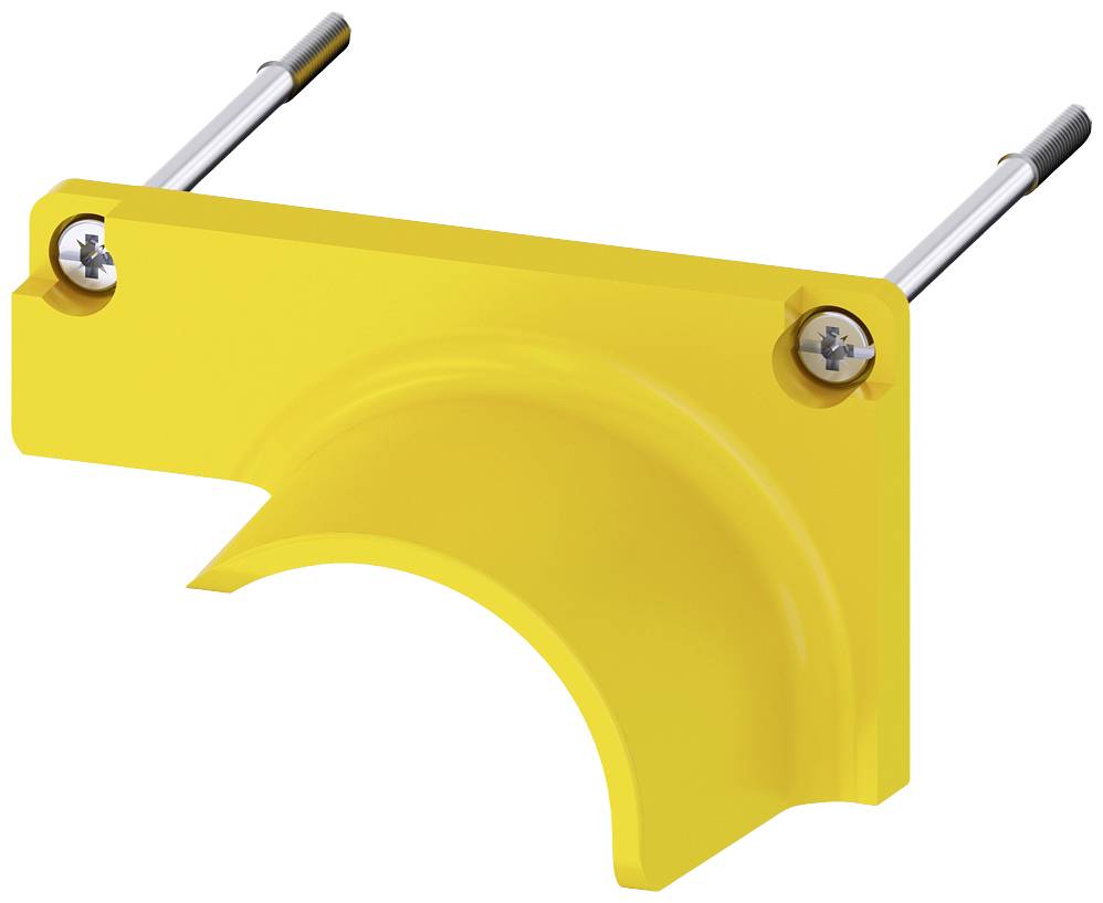 Gelbes Bauteil mit zwei silbernen Schrauben oben. Es sieht aus wie ein Schutzschild oder eine Abdeckung.