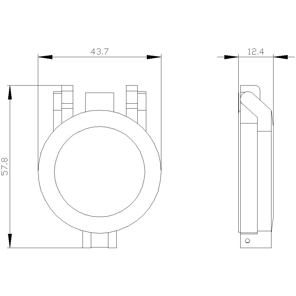 Technische Zeichnung eines runden Bauteils mit den Maßen 57,8 mm Höhe und 43,7 mm Breite. Seitenansicht zeigt 12,4 mm Tiefe.