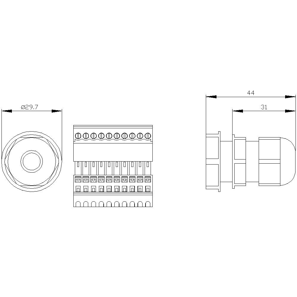 Technische Zeichnung eines runden Bauteils mit Maßen: Durchmesser 29,7 mm, Länge 44 mm und 31 mm. Ansicht von oben und seitlich.