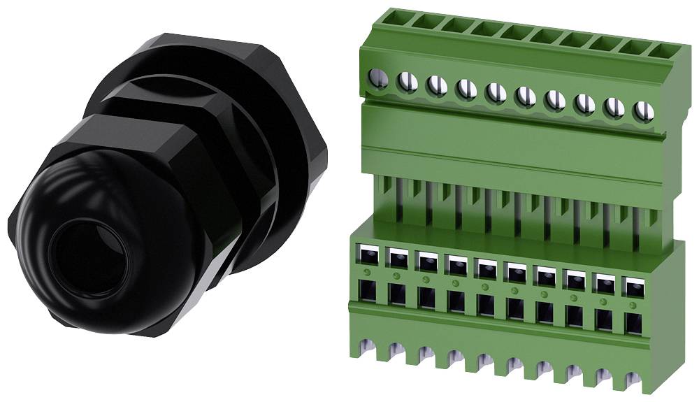 Ein schwarzer Kabelverschraubung und ein grüner Steckverbinder nebeneinander. Beide sind für die elektrische Verdrahtung gedacht.