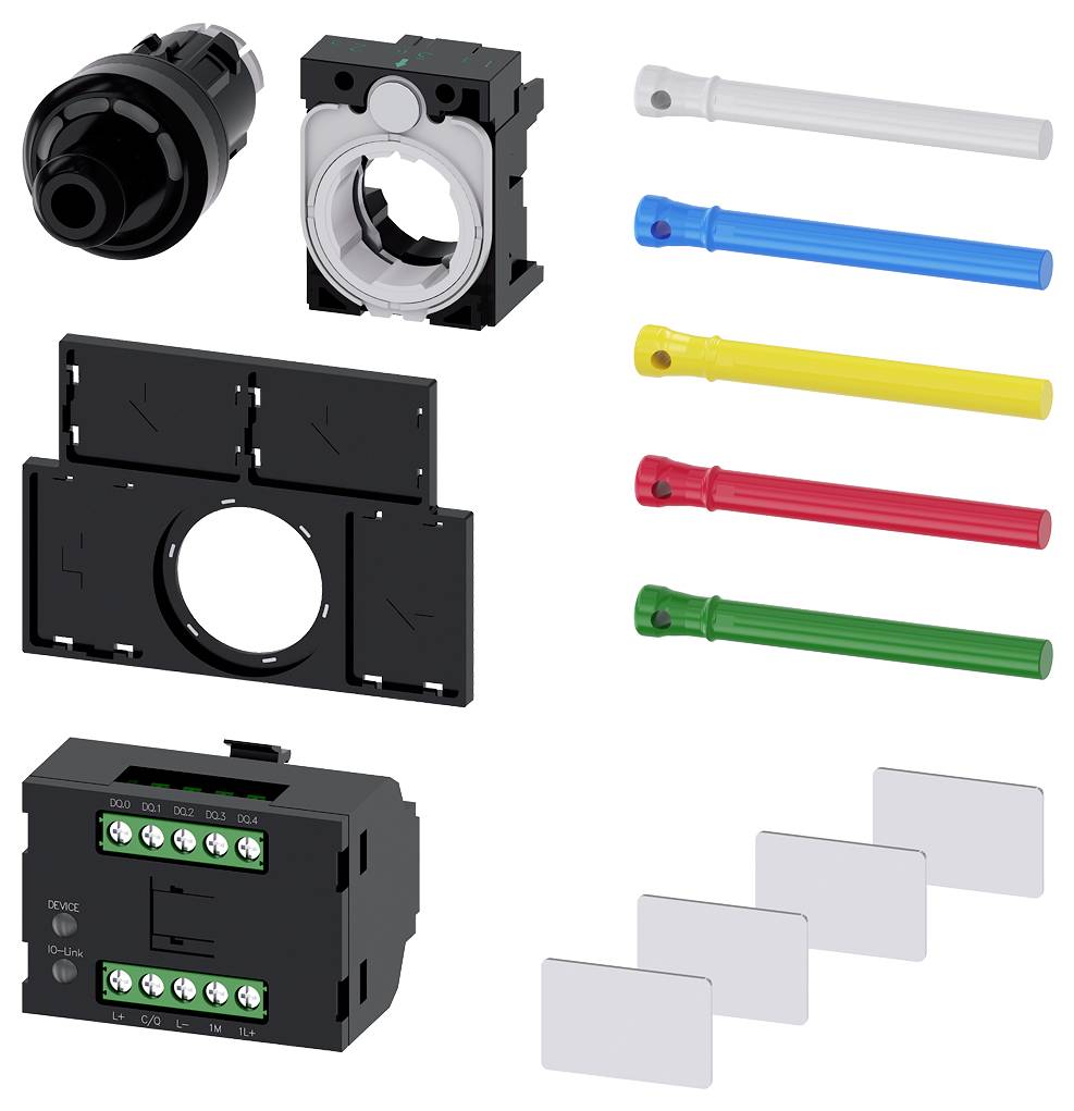 Set an elektrischen Bauteilen, darunter ein schwarzer Drehschalter, verschiedene farbige Abdeckungen, ein Montageblock und ein Anschlussmodul.