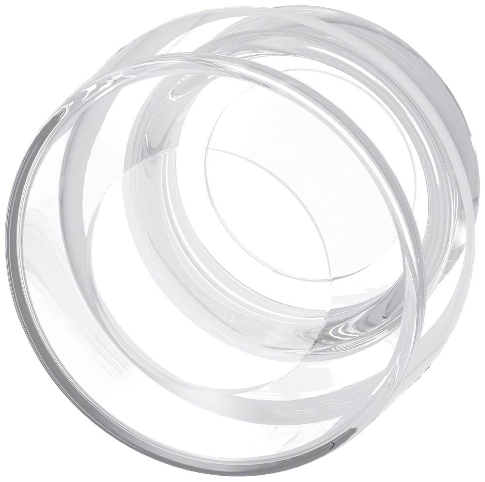Ein transparentes Glasobjekt, das ein kreisförmiges Design zeigt, mit mehreren überlappenden Ringen, die eine Schleifenform bilden.