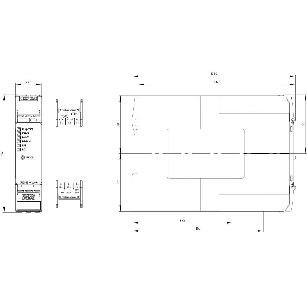 Technische Zeichnung eines elektronischen Geräts mit Abmessungen. Links Ansichten mit Frontplatte und Anschlüssen, rechts Draufsicht mit Maßangaben.